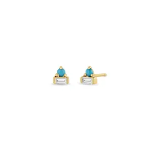 14k Baguette Diamond & Prong Turquoise Stacked Studs