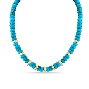 14k Gold & Turquoise Rondelle Large Bead Necklace with 5 Prong Diamonds