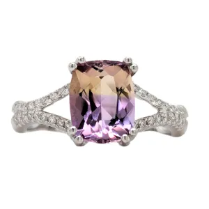 14K White Gold Cushion Cut Ametrine Ring with Diamonds