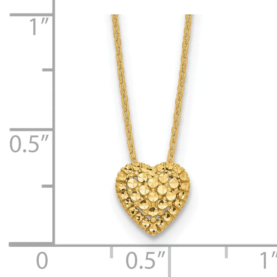 14k Yellow Gold Polished Diamond Cut Finish Fancy Design Heart Slide Pendant in a 18-inch Cable Chain Necklace Set