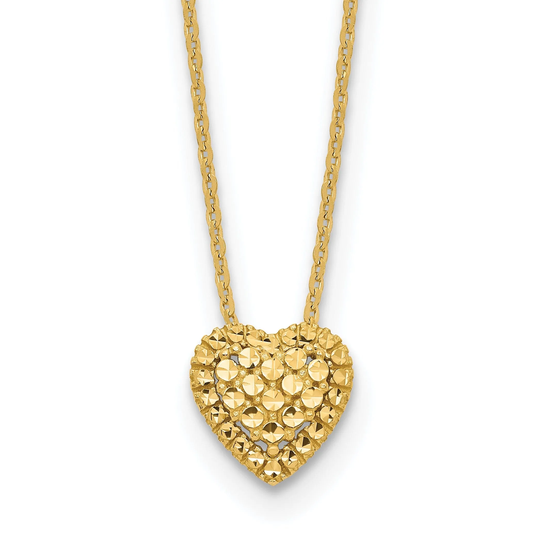 14k Yellow Gold Polished Diamond Cut Finish Fancy Design Heart Slide Pendant in a 18-inch Cable Chain Necklace Set