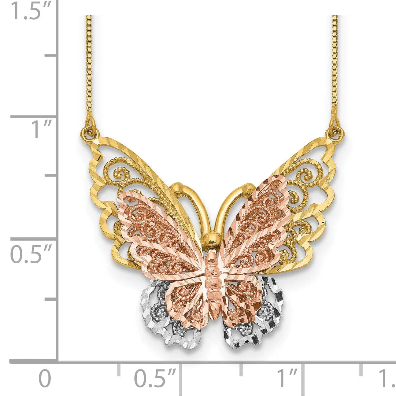 14k Yellow, Rose Gold, White Rhodium Solid Diamond Cut Finish Butterfly Design Pendant in a 18-inch Box Chain Necklace Set