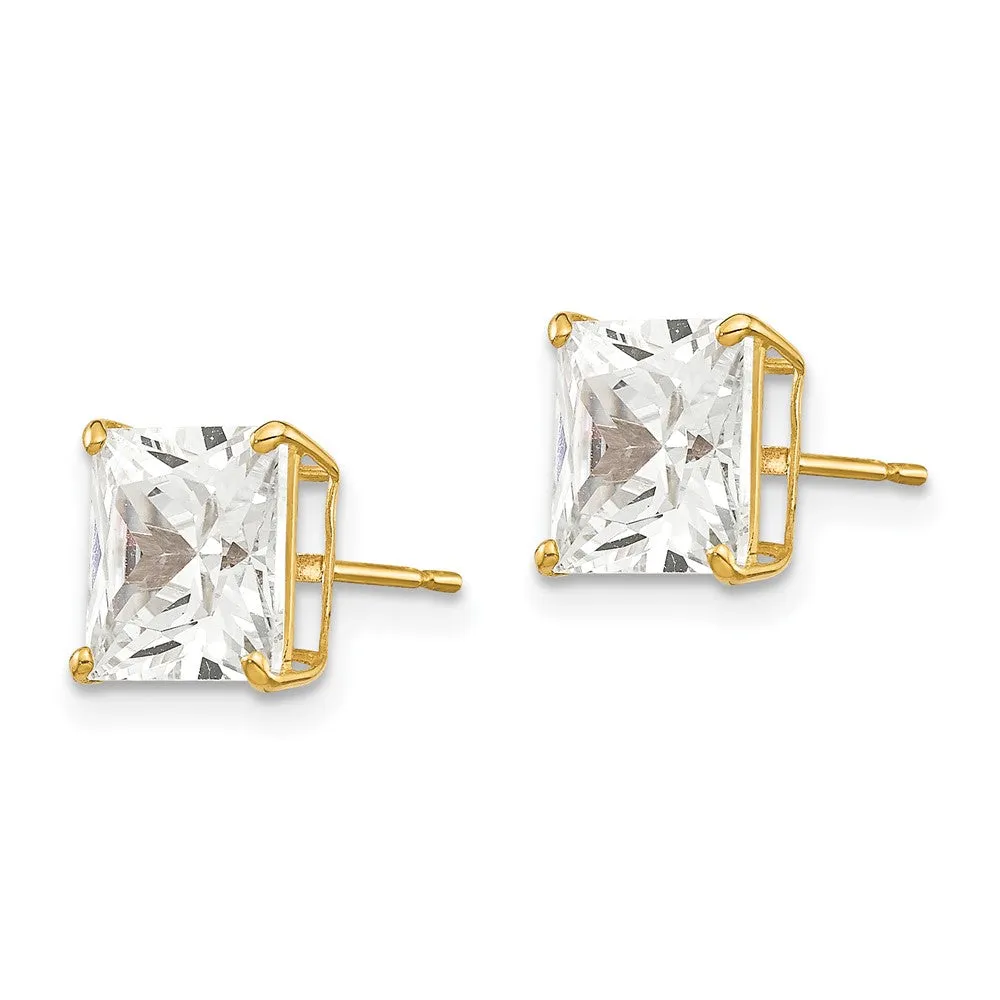 14KT Yellow Gold 7MM Square Cubic Zirconia Stud Earrings