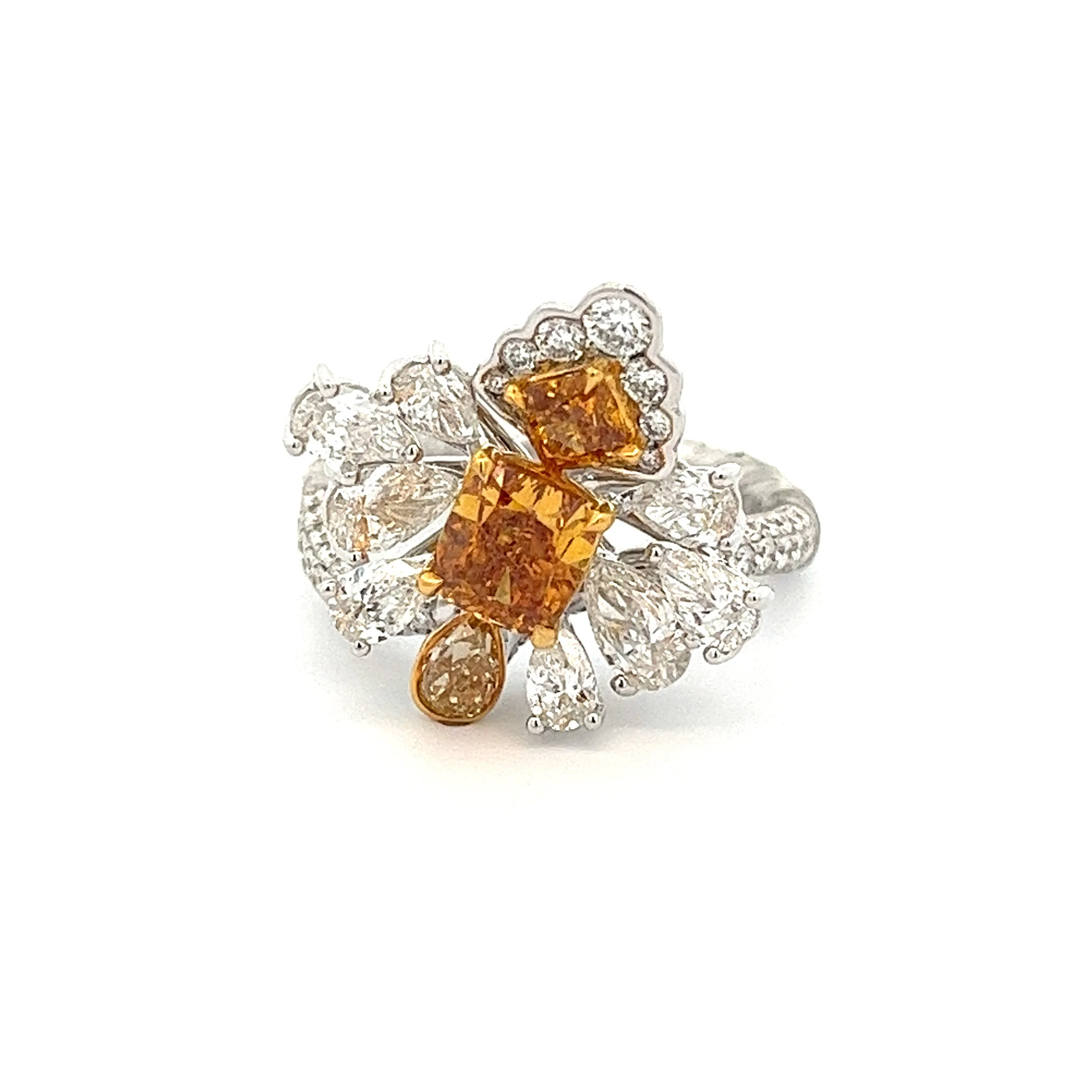 18k White Gold Fancy Orange Diamond Flower Ring