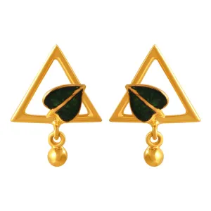 22k Gold Earrings With A Leaf Inside A Triangular Shape And A Ball Drop