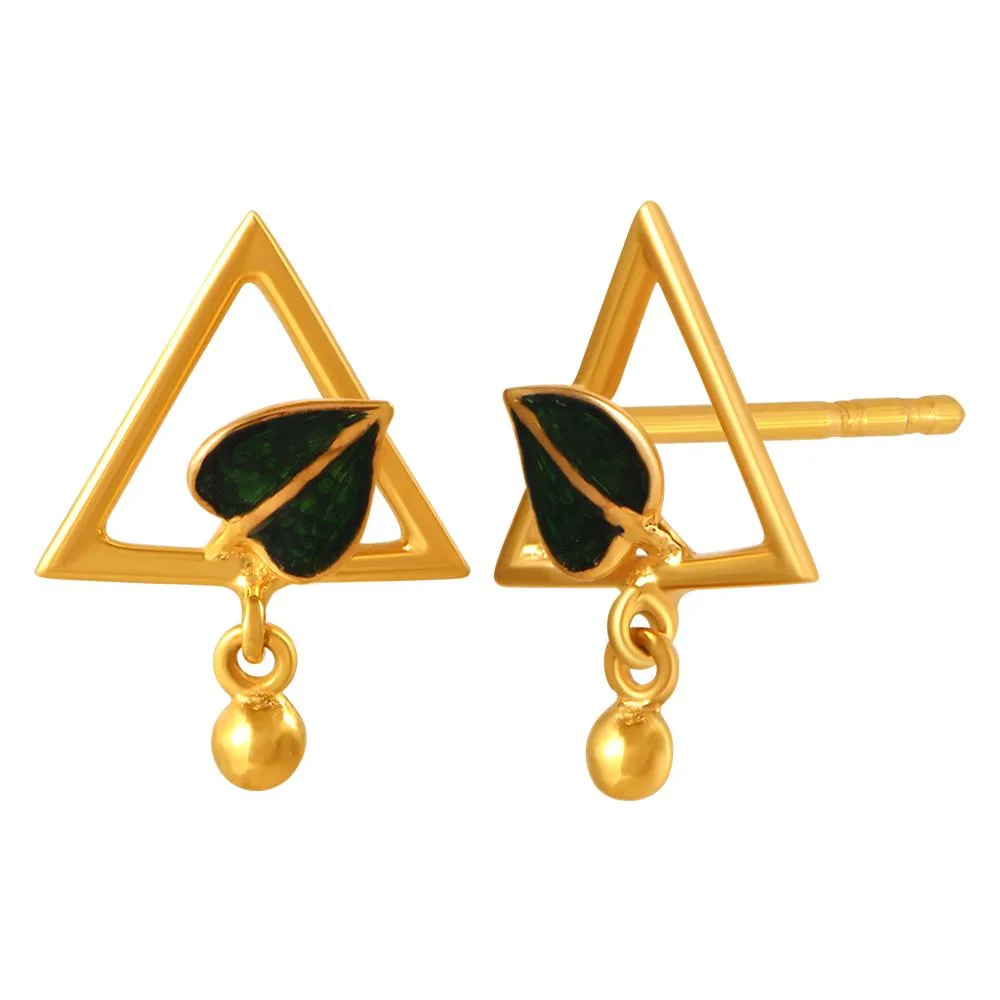 22k Gold Earrings With A Leaf Inside A Triangular Shape And A Ball Drop