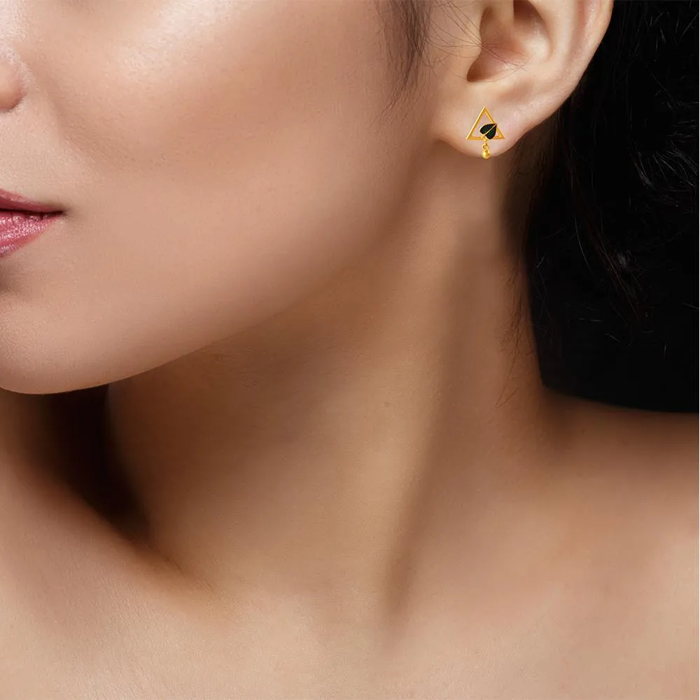 22k Gold Earrings With A Leaf Inside A Triangular Shape And A Ball Drop