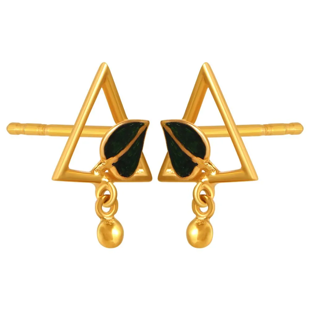 22k Gold Earrings With A Leaf Inside A Triangular Shape And A Ball Drop