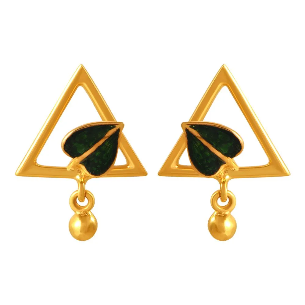 22k Gold Earrings With A Leaf Inside A Triangular Shape And A Ball Drop