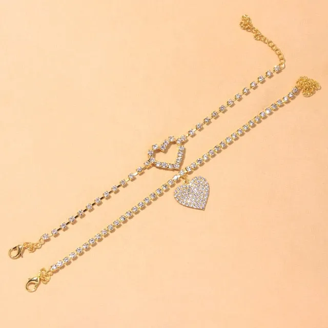 2pcs set Heart Rhinestone Anklets Foot Bracelet Summer Beach Chain