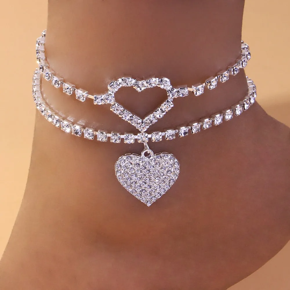 2pcs set Heart Rhinestone Anklets Foot Bracelet Summer Beach Chain