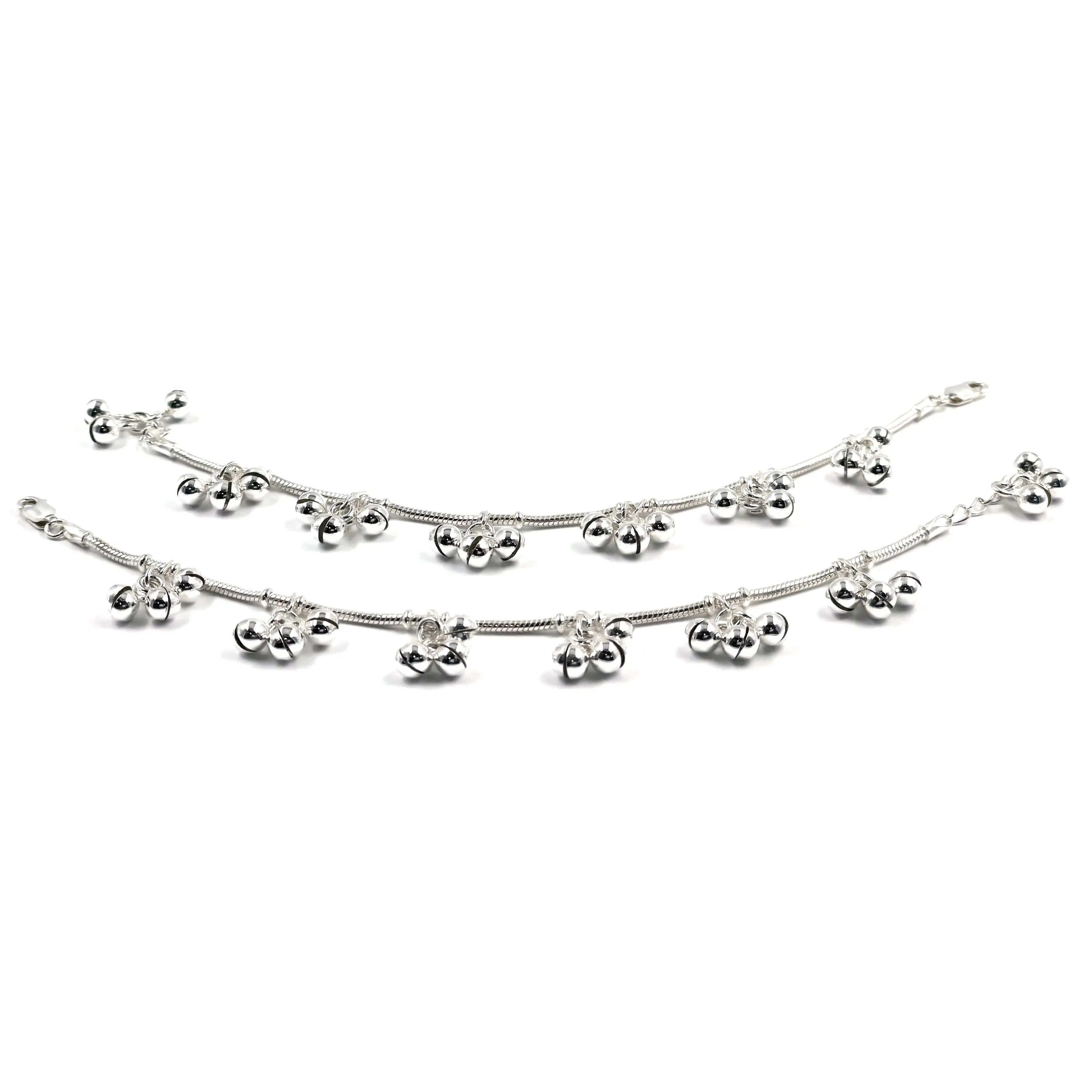 925 Sterling Silver Kids 2.0 mm Snake Chain Designer Bell Anklet - Style#06