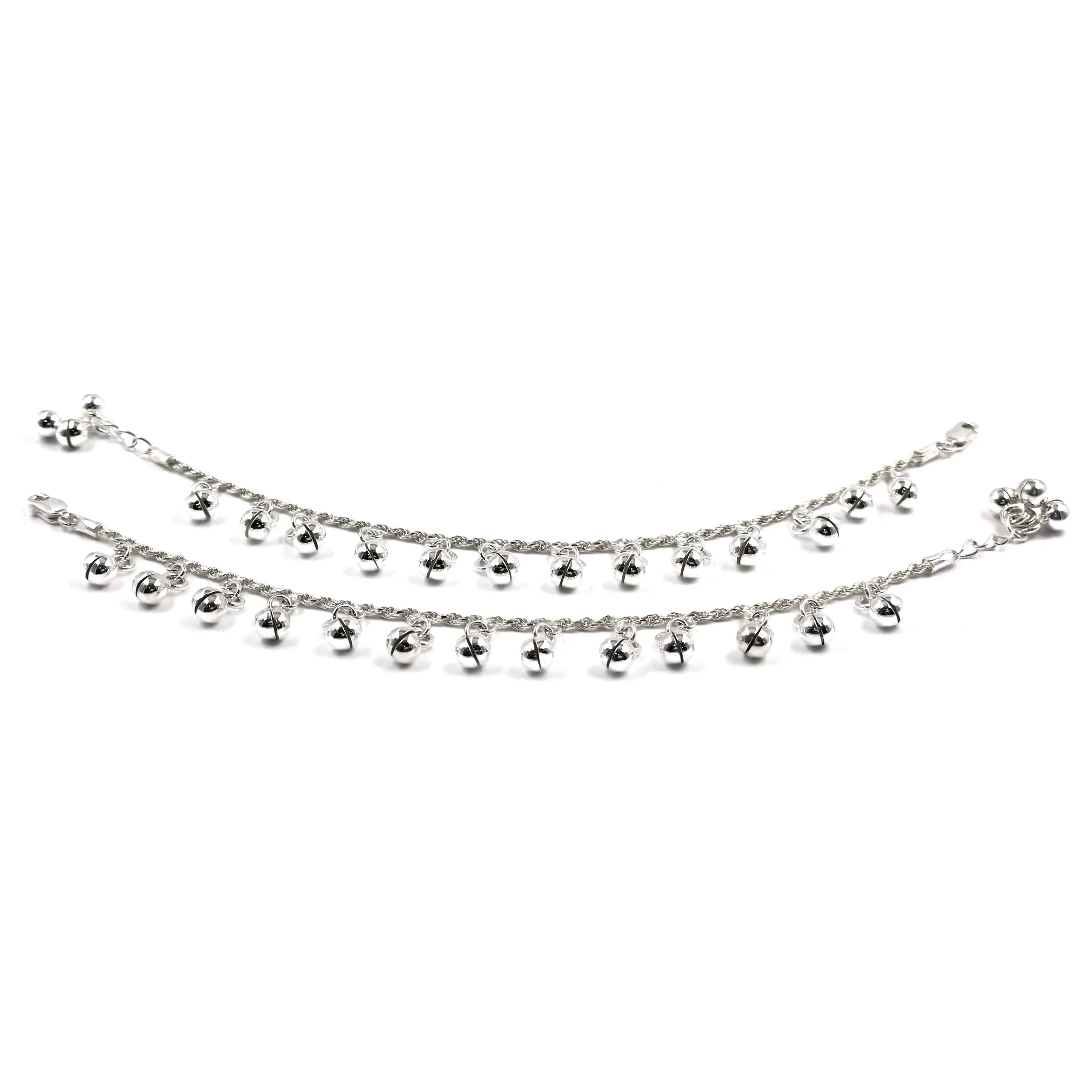 925 Sterling Silver Kids 2mm Rope Chain Designer Bell Anklet - Style#02