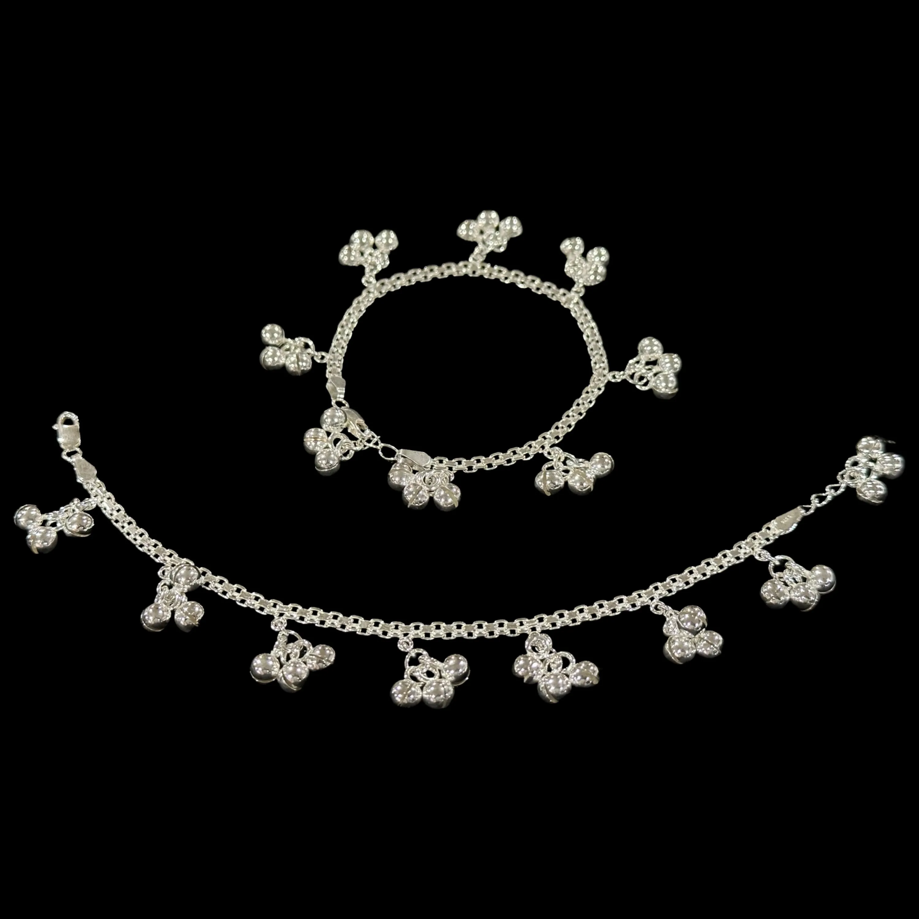 925 Sterling Silver Kids 3mm Mat Chain Designer Bell Anklet - Style#03