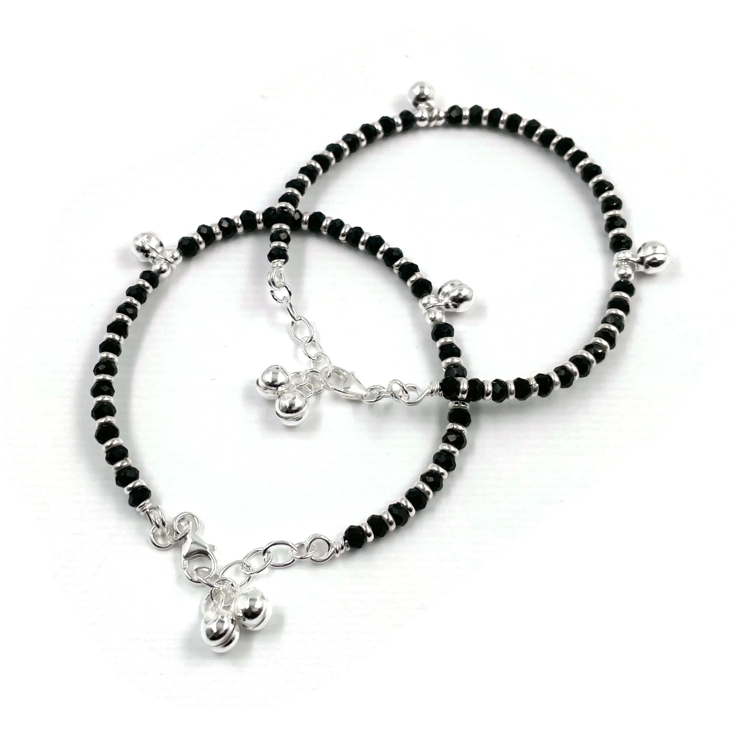 925 Sterling Silver Kids Black Beads Najariya Anklet - Style#02