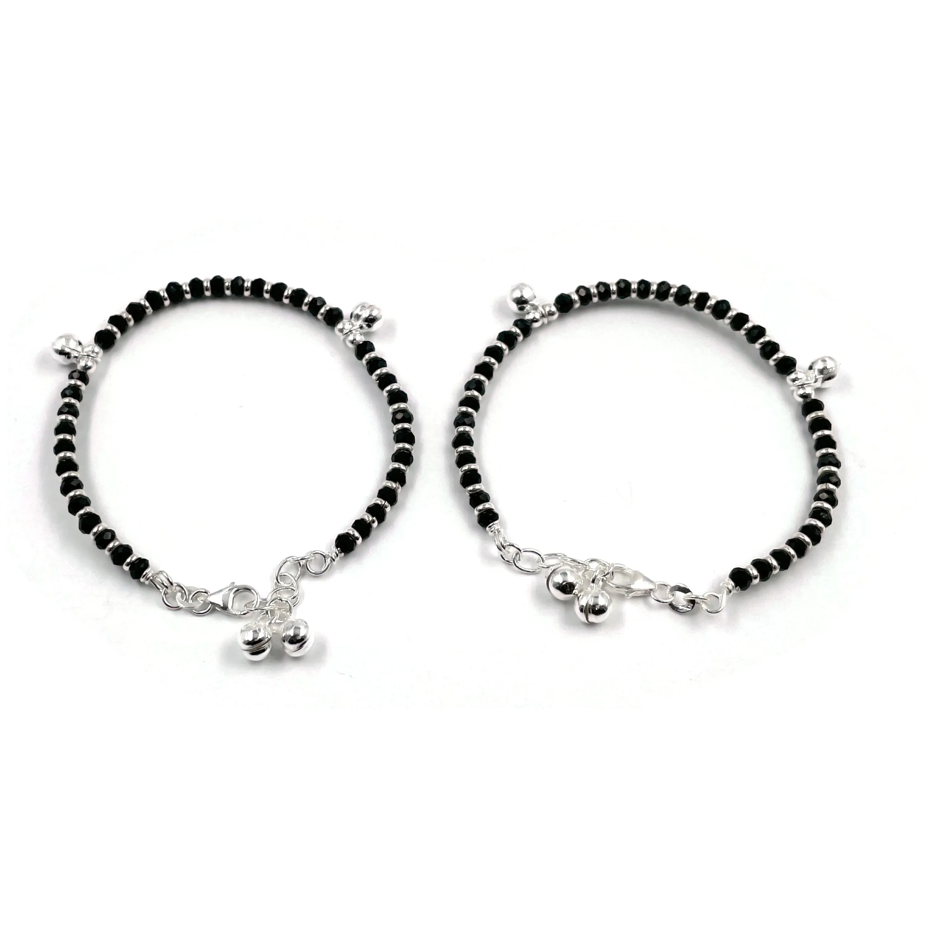 925 Sterling Silver Kids Black Beads Najariya Anklet - Style#02