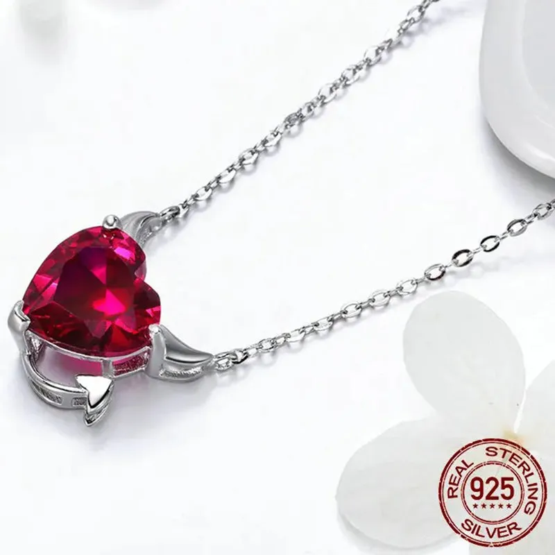 925 Sterling Silver Red Zircon Little Devil Necklace Pendant For Women Fashion Silver Jewelry