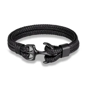 Anchor Black Braided Leather Bracelet