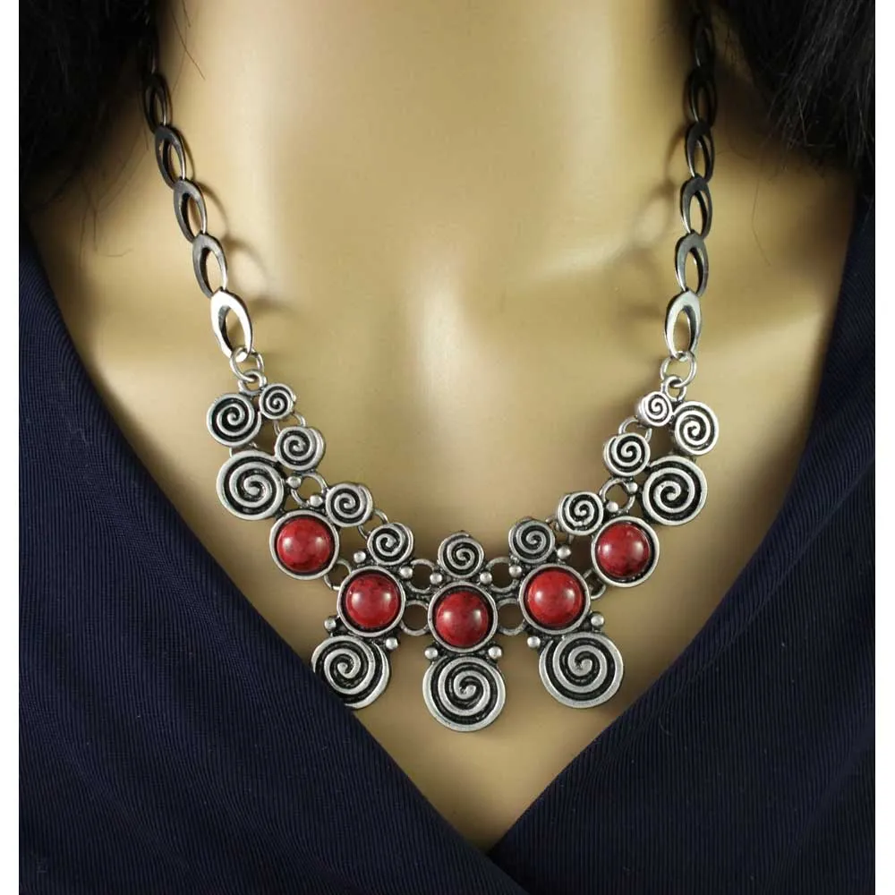 Antique Swirls with Red Turquoise Stones Necklace - FN519