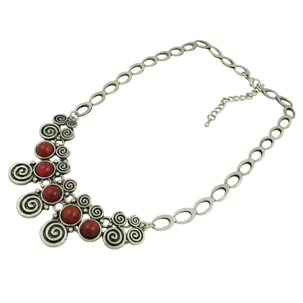 Antique Swirls with Red Turquoise Stones Necklace - FN519