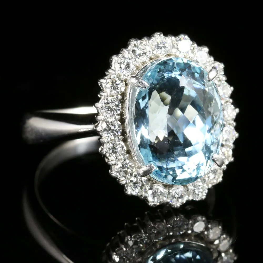 Aquamarine Diamond Cluster Ring Platinum 5.17Ct Aquamarine