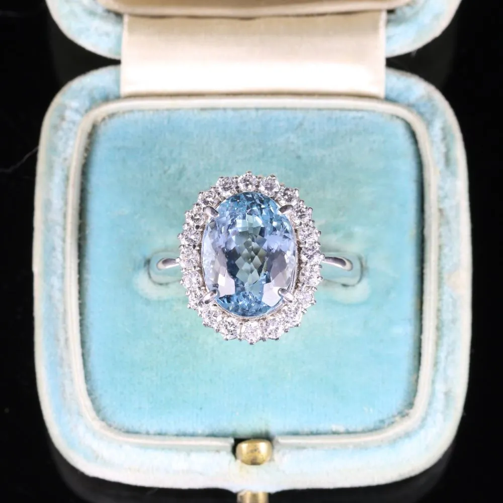 Aquamarine Diamond Cluster Ring Platinum 5.17Ct Aquamarine