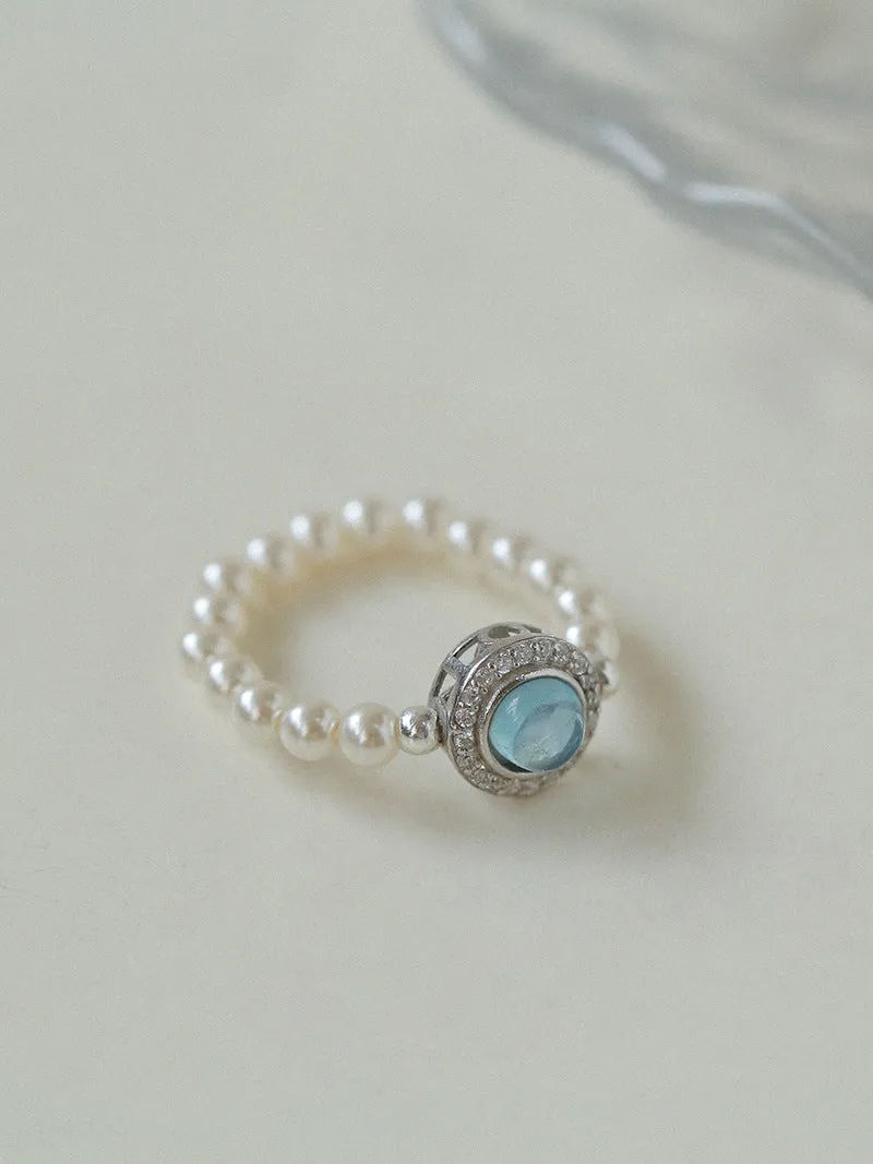 Aquamarine Oceanic Blue Sapphire and Pearl Ring