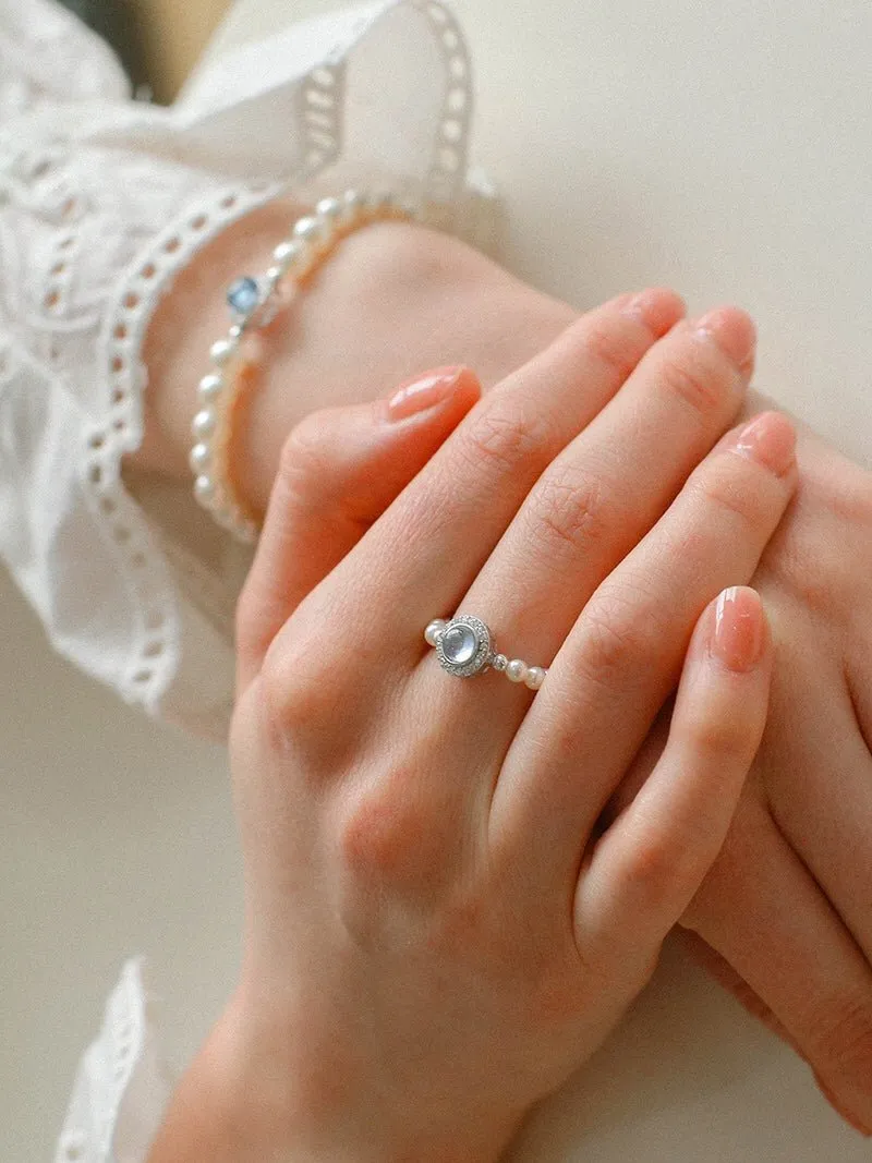 Aquamarine Oceanic Blue Sapphire and Pearl Ring