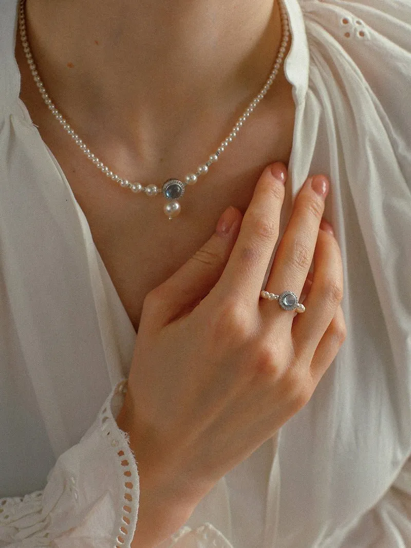 Aquamarine Oceanic Blue Sapphire and Pearl Ring