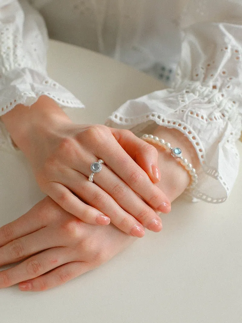 Aquamarine Oceanic Blue Sapphire and Pearl Ring