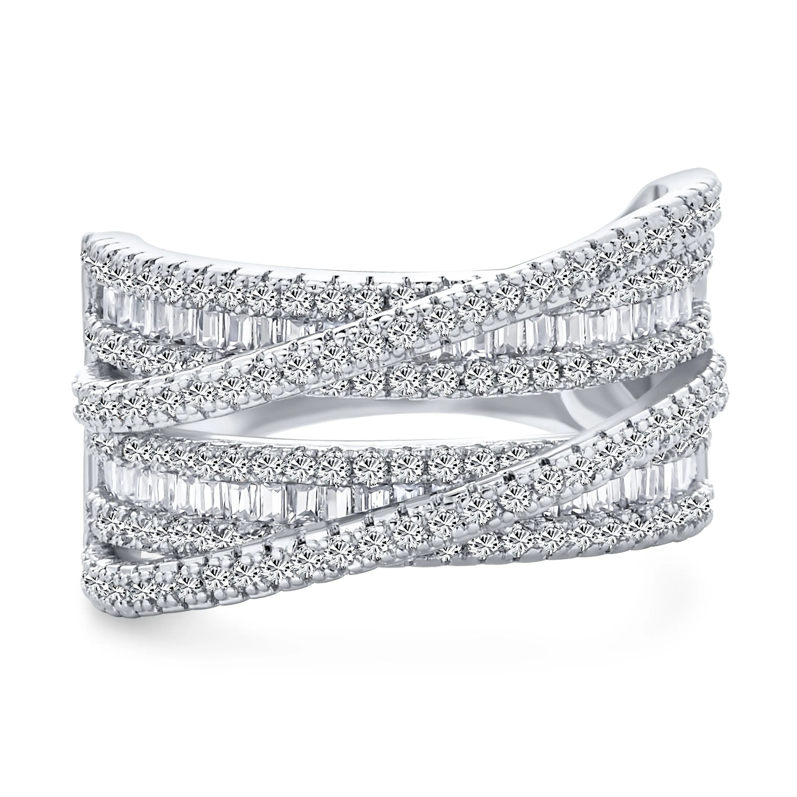 Art Deco CZ Baguette Criss Cross Eternity Multi Band Ring Silver Plated