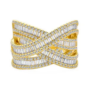 Art Deco CZ Baguette Criss Cross Eternity Multi Band Ring Silver Plated