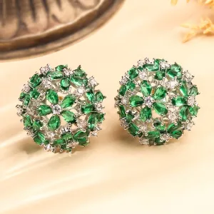 Beautiful Rhodium Plated Emerald Green Circular Stud Earrings for Women