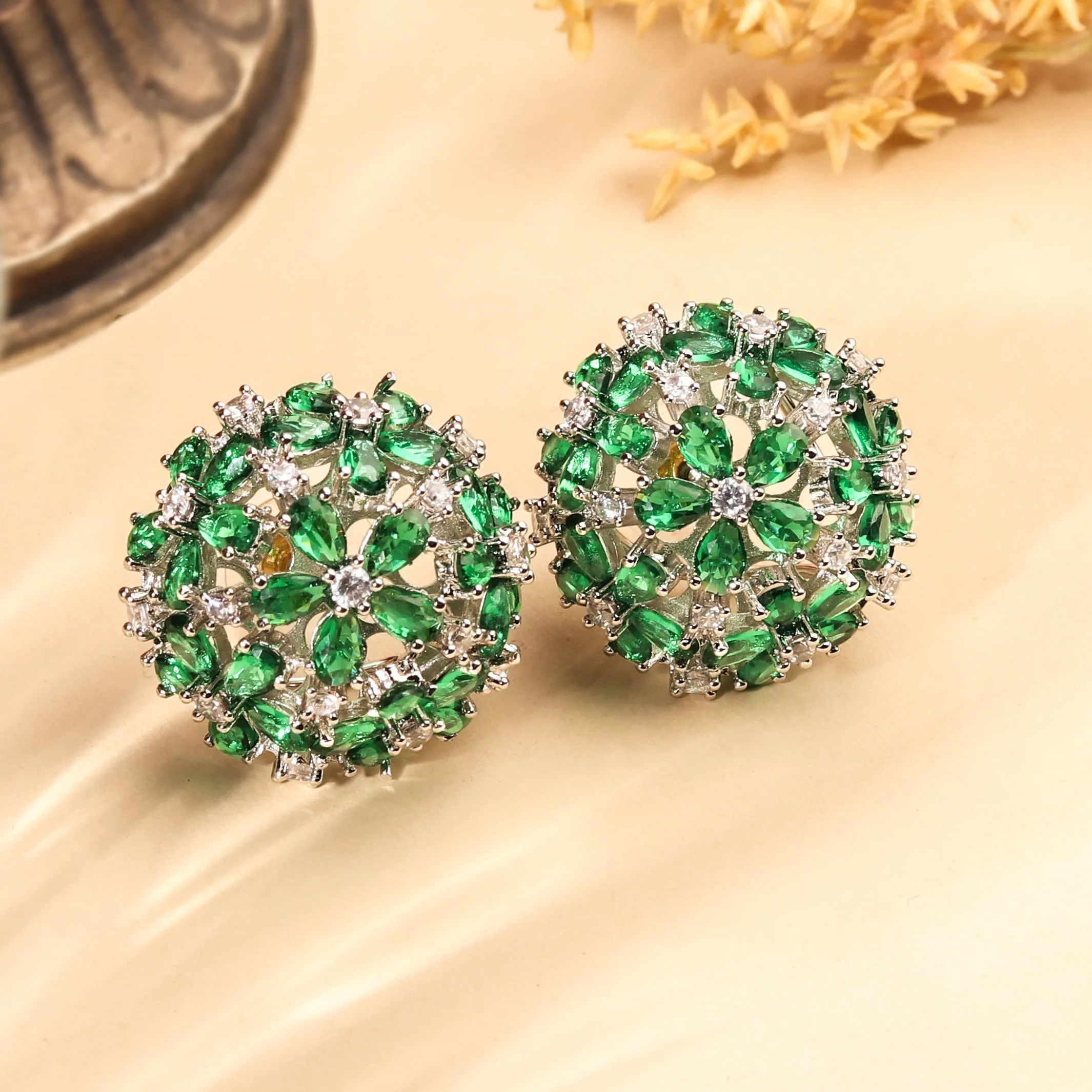 Beautiful Rhodium Plated Emerald Green Circular Stud Earrings for Women