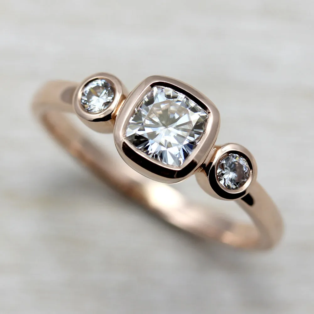 Bezel-set Cushion Three Stone Ring •