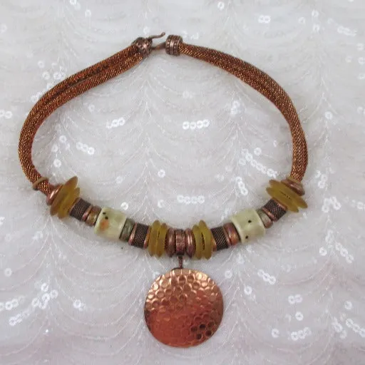 Big Bold Copper Pendant Necklace Metallic Cord Sea Glass Accents