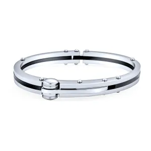 Biker Handcuff Bracelet for Men Black Silver Tone Stainless Steel 8 Inch Clasp