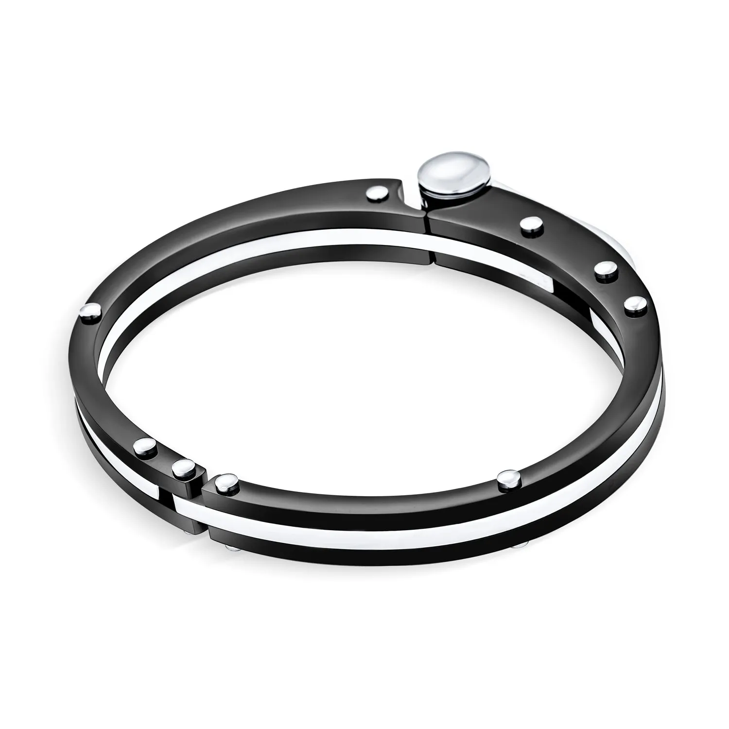 Biker Handcuff Bracelet for Men Black Silver Tone Stainless Steel 8 Inch Clasp