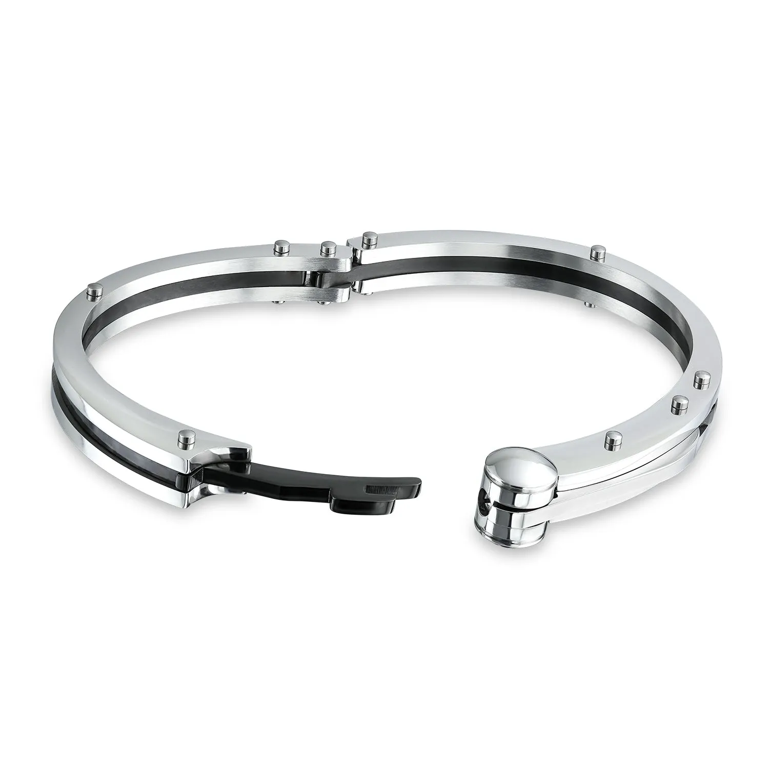 Biker Handcuff Bracelet for Men Black Silver Tone Stainless Steel 8 Inch Clasp