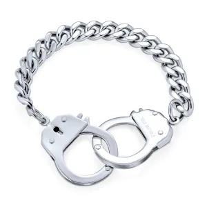 Biker Jewelry Chain Link Bracelet Handcuff Statement for Men BlackSilver Tone