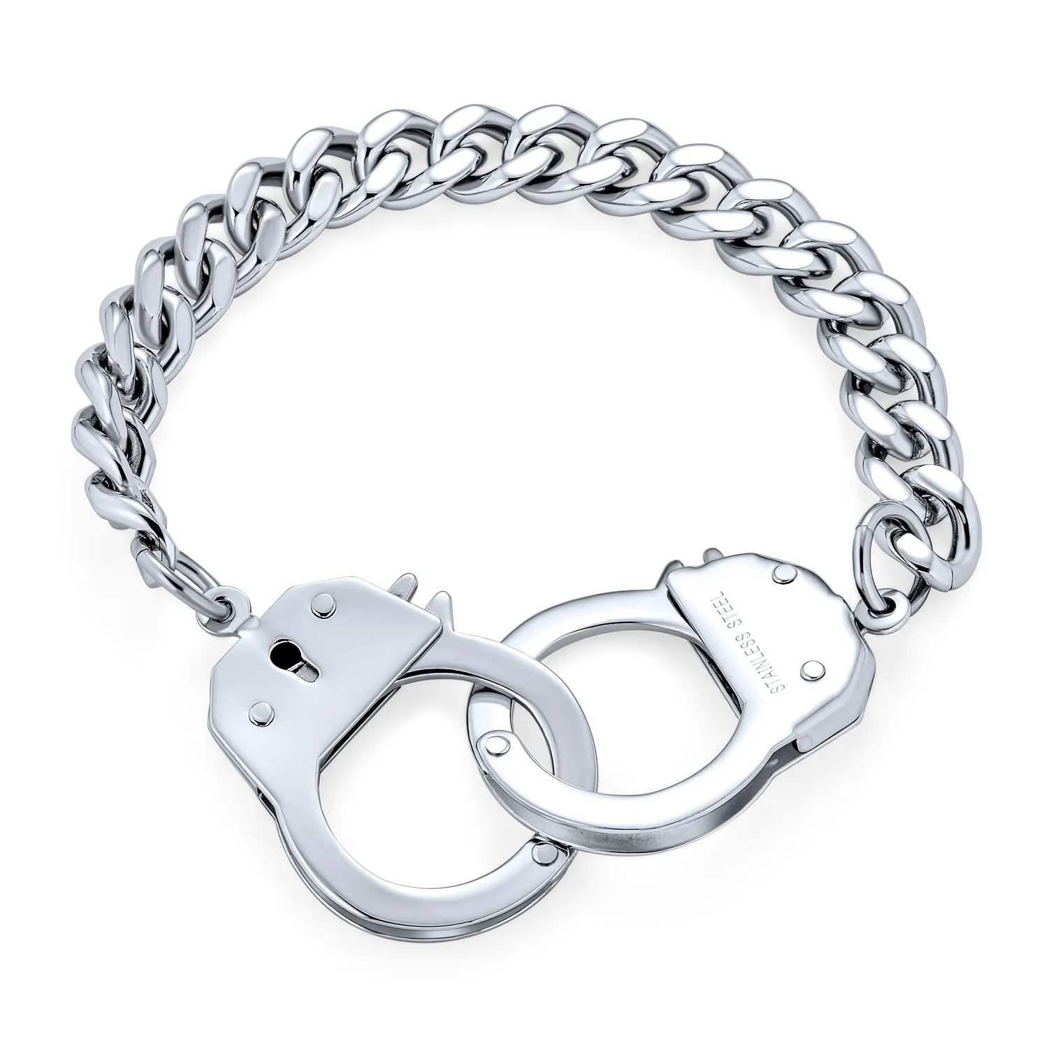 Biker Jewelry Chain Link Bracelet Handcuff Statement for Men BlackSilver Tone