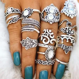 Boho Antique Silver Blue Knuckle Rings Set