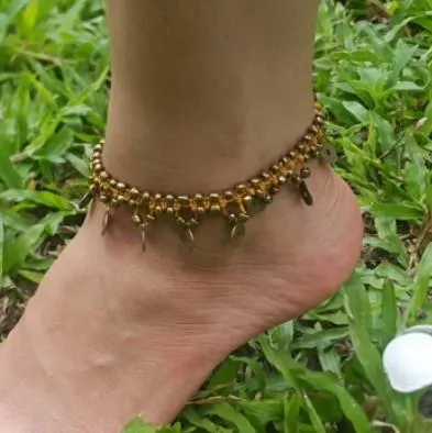 Brass Beads Anklet with Brass Coins in Gold