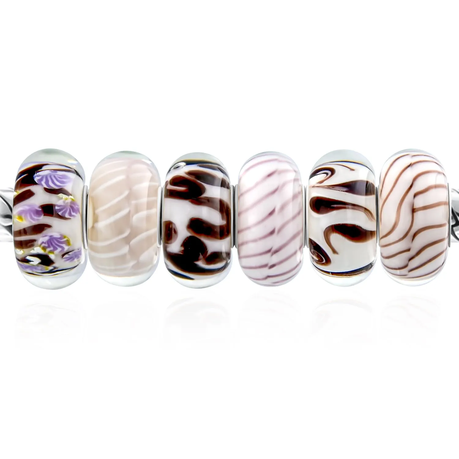 Brown Black White Murano Glass Bead Charm Bundle 6 Set Sterling Silver