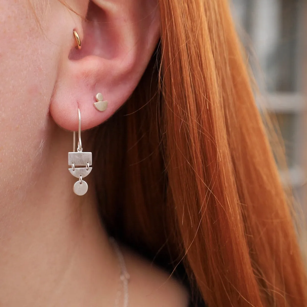 Brushed Sterling Silver Geo Stack Post Earrings