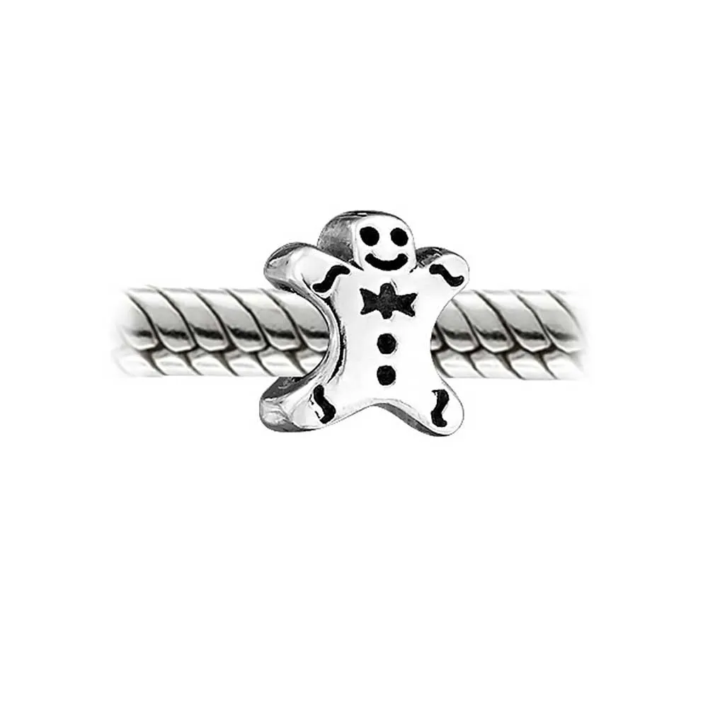 Christmas Charm Bead Gingerbread Man Bow Tie Sterling Silver for European Bracelet