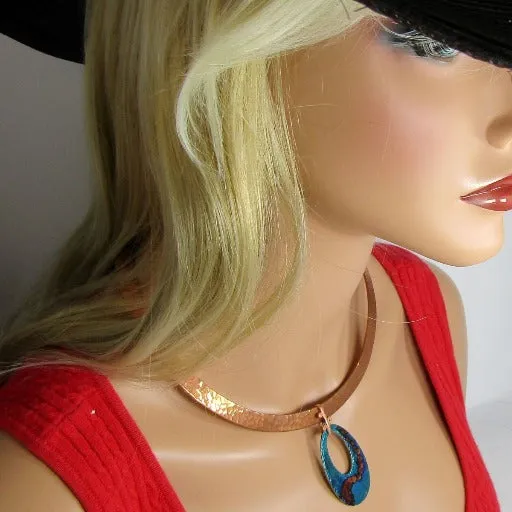 Designer Copper Neck Wire Choker with Handmade Blue Patina Pendant