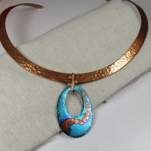 Designer Copper Neck Wire Choker with Handmade Blue Patina Pendant