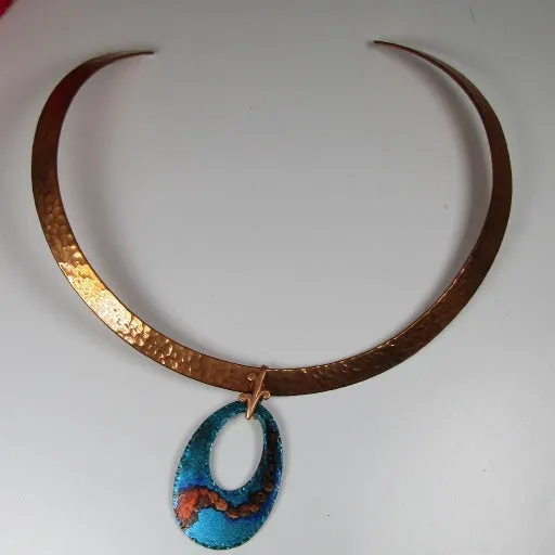 Designer Copper Neck Wire Choker with Handmade Blue Patina Pendant