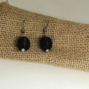 Earrings in Handmade Black Seed Beaded Bead